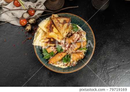 Chicken sausages with mushroom sponge and pancakes Chicken sausages with mushroom sponge and pancakes 79719169
