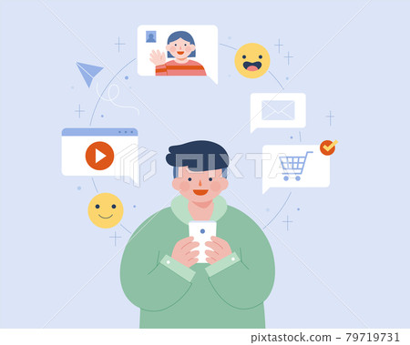 Man using various mobile apps Man using various mobile apps 79719731