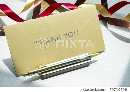Thank you card presentation on a luxurious linen background Thank you card presentation on a luxurious linen background 79719796