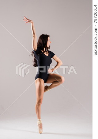 Flexible female, ballet dancer in black bodysuits Flexible female, ballet dancer in black bodysuits 79720014