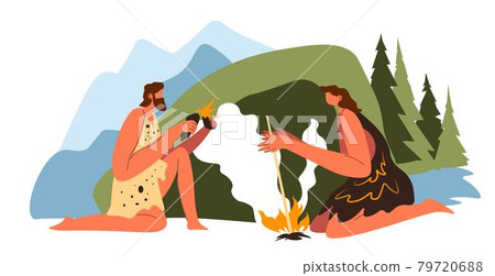 Man and woman making fire, prehistoric scenery 79720688