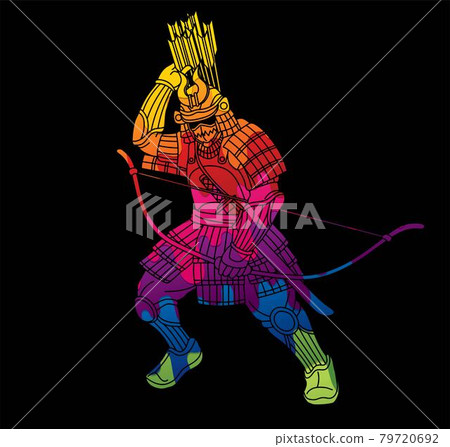 Samurai Warrior with Bow Weapon and Armor Ronin Japanese Soldier Fighter Action Graphic Vector 79720692