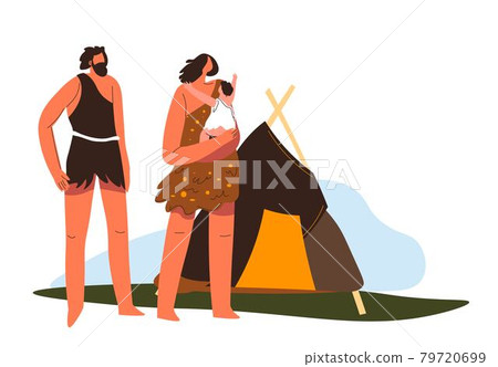 Prehistoric life and culture, family by house Prehistoric life and culture, family by house 79720699