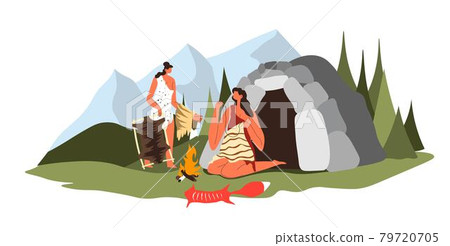 Prehistoric period, people sewing clothes from fur Prehistoric period, people sewing clothes from fur 79720705