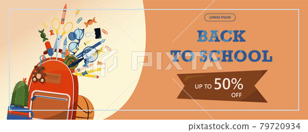 Back to school. Advertising banner, sale, online store, web. Stationery for school, university and office. Cartoon school supplies. Flat illustrations for elementary school. Bright cut out cliparts 79720934