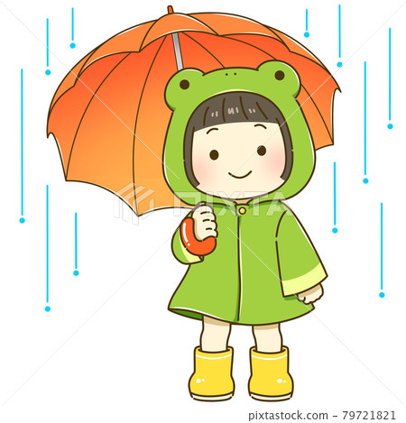 雨中撐傘的穿雨衣的女孩微笑 雨中撐傘的穿雨衣的女孩微笑 79721821