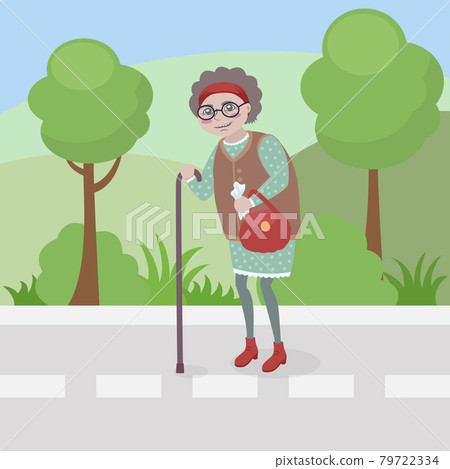 old woman walking on the road along the park old woman walking on the road along the park 79722334