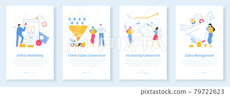 Online marketing conversion rate concept. Worker attracting internet clients with discounts. Funnel sales strategy for new customers. Developing management for increasing purchases vector app 79722623