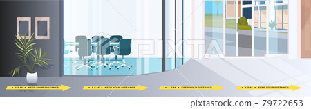 office corridor with signs for social distancing yellow stickers coronavirus epidemic protection measures 79722653