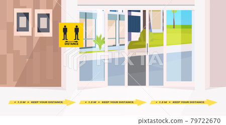 office corridor with signs for social distancing yellow stickers coronavirus epidemic protection measures 79722670