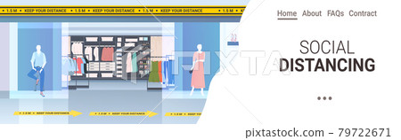 fashion boutique with signs for social distancing yellow stickers coronavirus epidemic protection measures 79722671