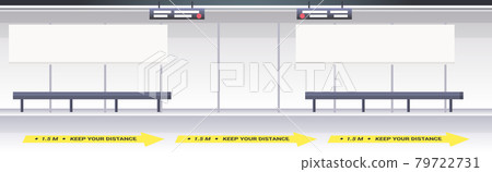 subway platform with signs for social distancing coronavirus epidemic protection measures concept subway platform with signs for social distancing coronavirus epidemic protection measures concept 79722731