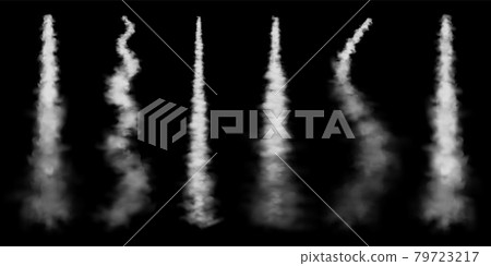 Realistic airplane condensation trails. Space rocket launch. Missile or bullet trail. Jet aircraft Realistic airplane condensation trails. Space rocket launch. Missile or bullet trail. Jet aircraft 79723217