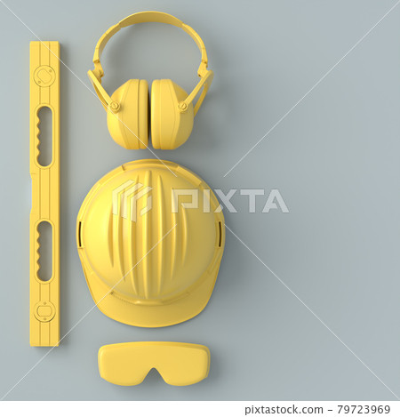 Top view of monochrome construction tools for repair on grey and yellow Top view of monochrome construction tools for repair on grey and yellow 79723969