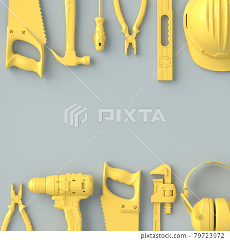 Top view of monochrome construction tools for repair on grey and yellow 79723972