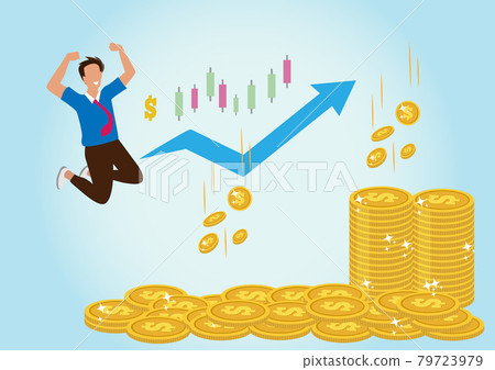 profitable investment flat fundraising vector illustration stock market income successful businessman standing on pile of coins. Flat style cartoon illustration vector 79723979