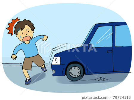 兒童跳出並踩下急剎車的汽車的模擬插圖 79724113