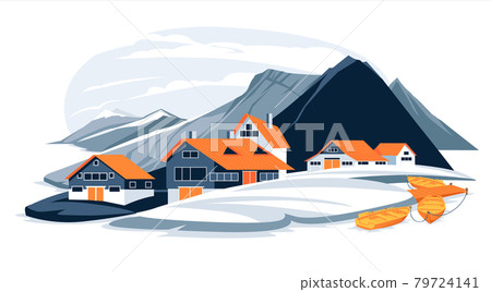 Flat nordic mountains and sea coast fishing village landscape illustration. Cartoon colorful cold palette. Flat nordic mountains and sea coast fishing village landscape illustration. Cartoon colorful cold palette. 79724141
