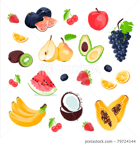 Raspberries, strawberries, apple, pear, papaya grapes, coconut, apple, cherry, banana, watermelon, avocado set. Vector illustration of berries and fruits in cartoon style.  79724144