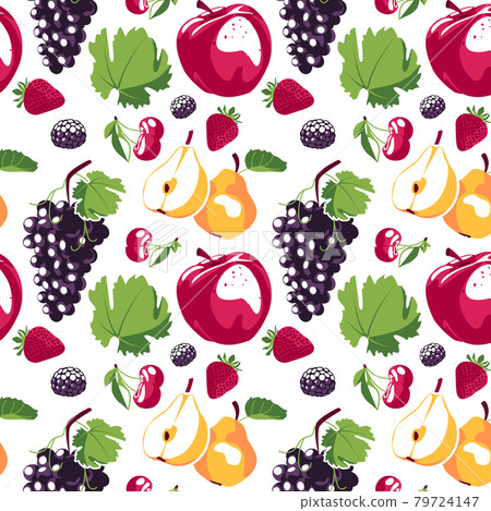 Seamless pattern with and juicy strawberries, apple, pear, grapes, blackberries and cherries on a white background. Cute vector background. Bright illustration of summer fruits. Design of fruit mixes  79724147