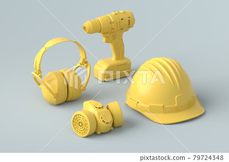 Isometric view of monochrome construction tools for repair on grey and yellow Isometric view of monochrome construction tools for repair on grey and yellow 79724348