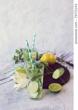 Refreshing drink made from organic fruits, cucumbers, lime and mint leaves, on the kitchen table, summer, healthy food, lemonade, water for weight loss, detox 79725243