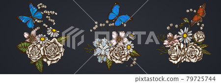 Flower bouquet of colored iris japonica, gypsophila, chamomile, almond, menelaus blue morpho, blue 79725744
