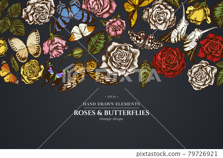 Floral design on dark background with lemon butterfly, red lacewing, african giant swallowtail 79726921