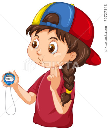 Sport coach girl holding a timer cartoon character Sport coach girl holding a timer cartoon character 79727548