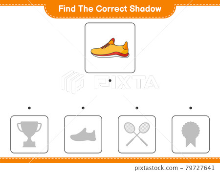 Find the correct shadow. Find and match the correct shadow of Running Shoes. Educational children game, printable worksheet, vector illustration Find the correct shadow. Find and match the correct shadow of Running Shoes. Educational children game, printable worksheet, vector illustration 79727641