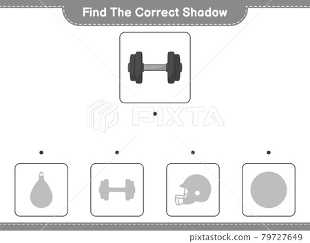 Find the correct shadow. Find and match the correct shadow of Dumbbell. Educational children game, printable worksheet, vector illustration Find the correct shadow. Find and match the correct shadow of Dumbbell. Educational children game, printable worksheet, vector illustration 79727649