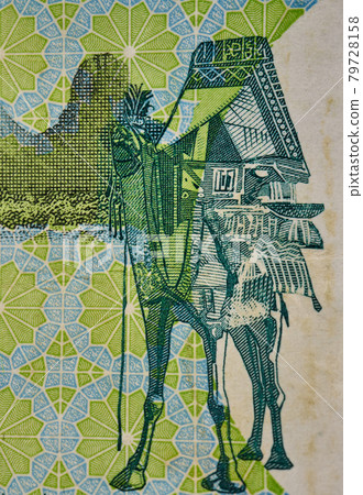 Ten pounds of banknote from Sudan, macro cutout, loaded riding camel in the desert Ten pounds of banknote from Sudan, macro cutout, loaded riding camel in the desert 79728158