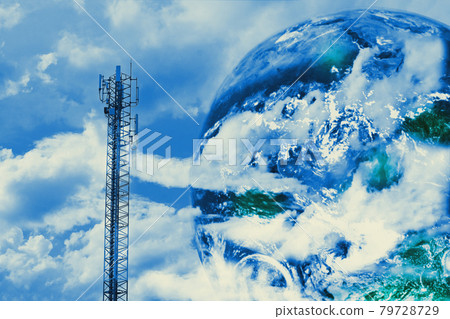 Telecommunication tower with antennas with blue sky and cloudy. Telecommunication tower with antennas with blue sky and cloudy. 79728729