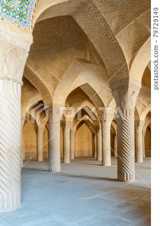 Vaulted prayer hall of Vakil mosque, supported by 48 carved monolithic columns. Built between 1751 and 1773, restored in the 19th century during the Qajar period. Vaulted prayer hall of Vakil mosque, supported by 48 carved monolithic columns. Built between 1751 and 1773, restored in the 19th century during the Qajar period. 79729149