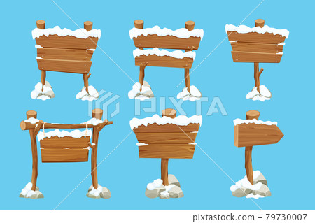 Set old wooden blank, signboard with snow in cartoon style.Empty frames, direction plank isolated on blue background. Season decoration 79730007