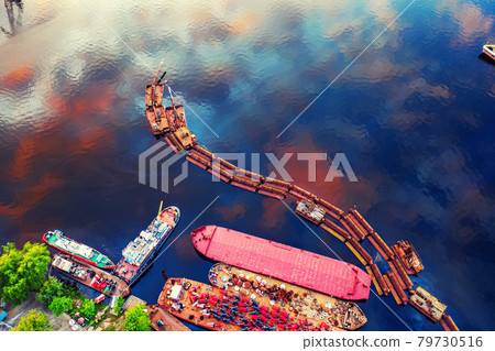 Barge on the lake. Aerial drone view. 79730516