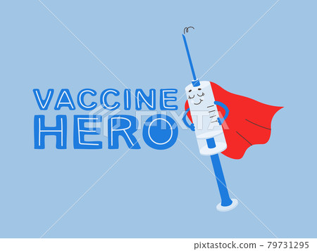 Cartoon syringe with vaccine. Illustration and lettering vaccine hero. Vaccination motivational character. Vector sticker for design. 79731295