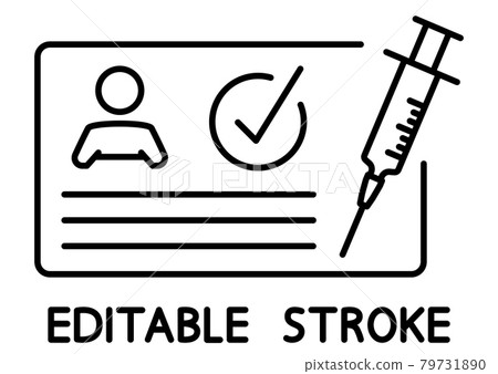 Vaccination certificate against covid-19 with check mark and medical syringe. Passport for travel in time pandemic. Medical record. Immunization concept. Editable stroke. Vector 79731890