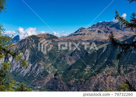 Landscape view of the mountains around Le Bourg d'Oisans in France Landscape view of the mountains around Le Bourg d'Oisans in France 79732260