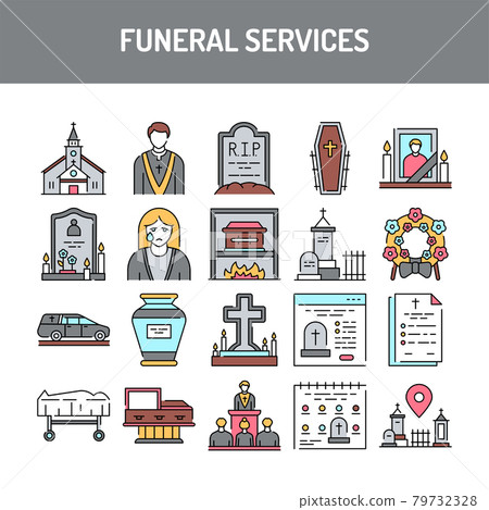 Funeral services line icons set. Isolated vector element. Funeral services line icons set. Isolated vector element. 79732328