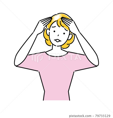 Hair care A cute woman with a troubled face as thinning hair on the top of her head and gray hair at the hairline become noticeable Illustration Simple Vector Hair care A cute woman with a troubled face as thinning hair on the top of her head and gray hair at the hairline become noticeable Illustration Simple Vector 79733129