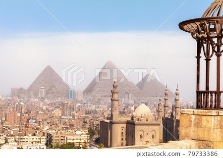 Egypt world known sights, view on the Pyramids of Giza and the Mosque of Cairo Egypt world known sights, view on the Pyramids of Giza and the Mosque of Cairo 79733386