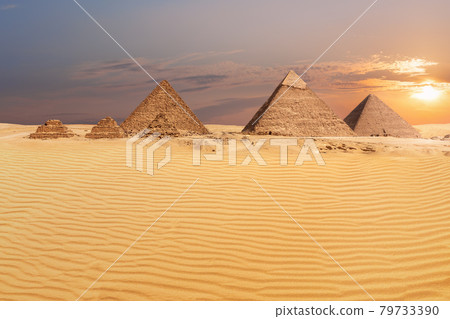 Sandy desert of Giza and beautiful pyramids view Sandy desert of Giza and beautiful pyramids view 79733390