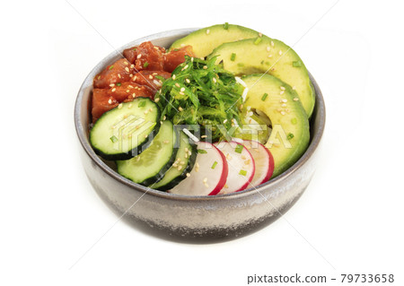 Hawaiian tuna poke salad on white with copy space Hawaiian tuna poke salad on white with copy space 79733658