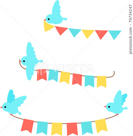 A small bird carrying a colorful garland 79734247