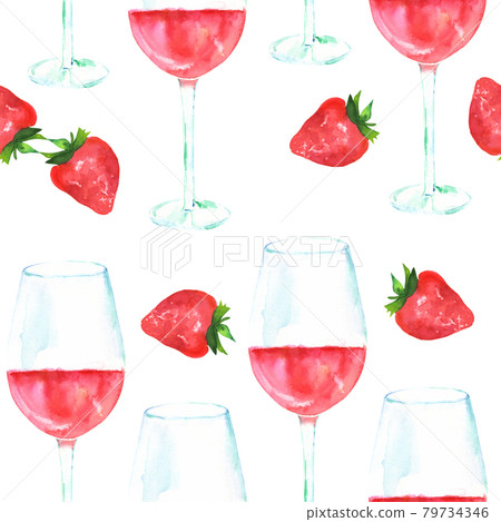 Seamless pattern with rose wine and strawberries, watercolour, repeat print on white Seamless pattern with rose wine and strawberries, watercolour, repeat print on white 79734346