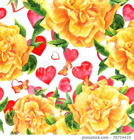 Seamless watercolor yellow rose pattern on white with hearts and butterflies Seamless watercolor yellow rose pattern on white with hearts and butterflies 79734410