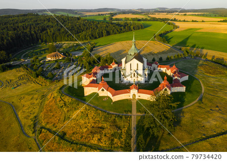 Aerial view of Pilgrimage Church of Saint John of Nepomuk on the Green Hill at sunset. 79734420