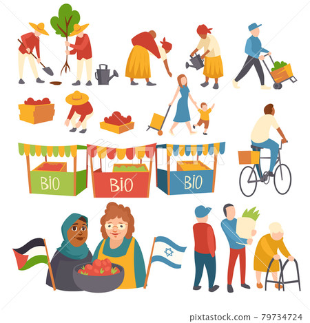 Set of flat icons people planting trees, crop 79734724