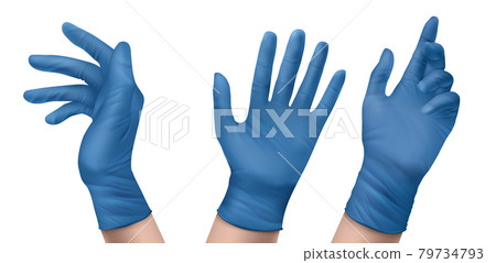 Blue nitrile medical gloves on hands 79734793